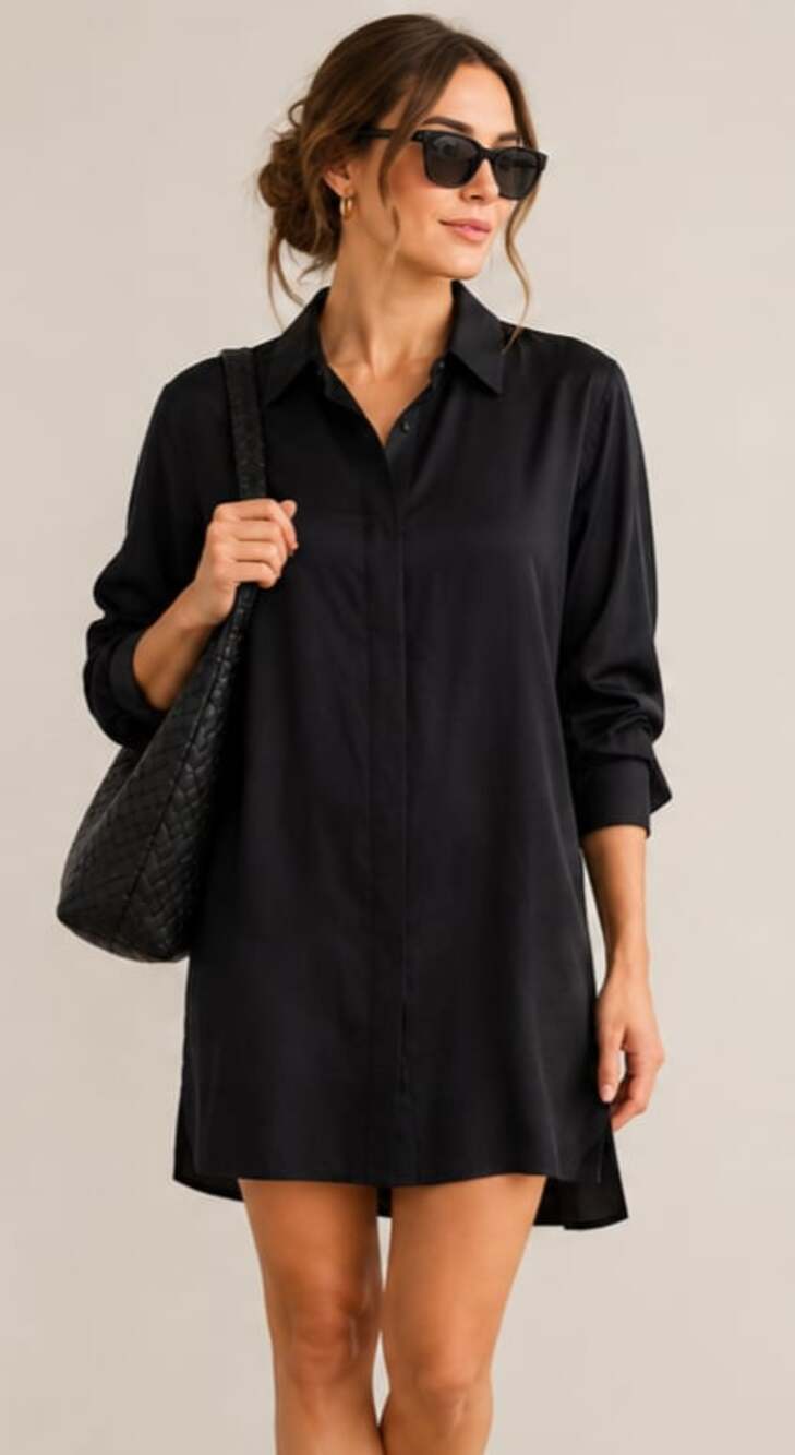 Quince 90% Silk Black Long Sleeve Button Down Shirt Dress NWT XL